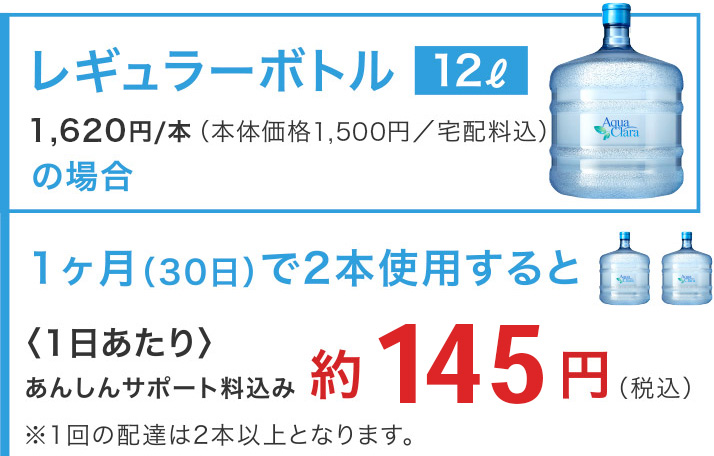 レギュラーボトル12リットル
1ヶ月（30日）で2本使用すると〈1日あたり〉約130円（税込・あんしんサポート料込み）