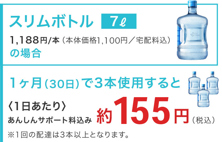 スリムボトル7リットル
1ヶ月（30日）で3本使用すると〈1日あたり〉約145円（税込・あんしんサポート料込み）